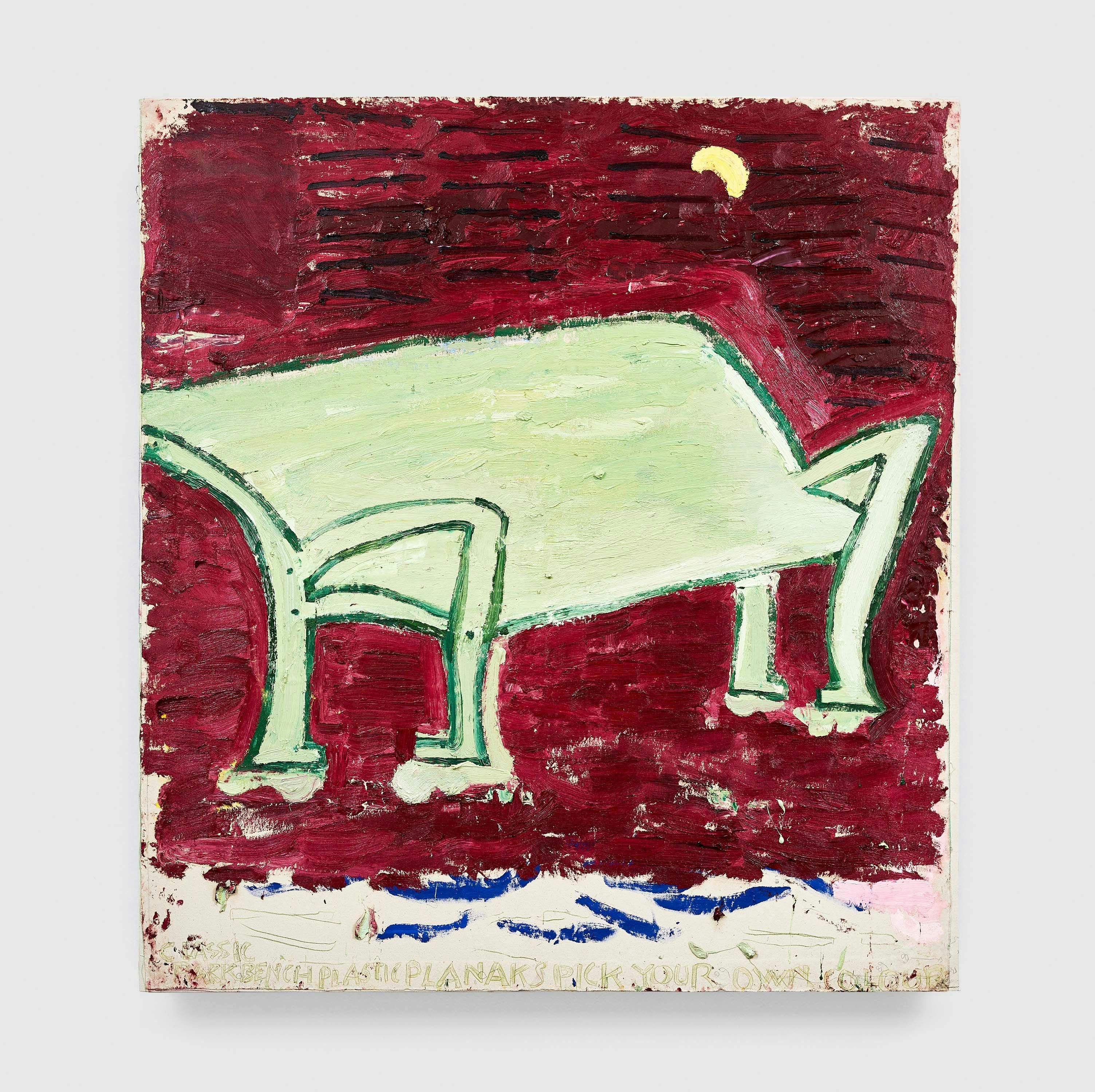 A painting by Rose Wylie, titled Empty Park Bench, dated 2017.
